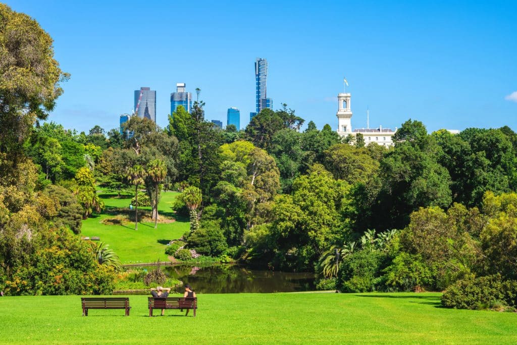 a park bench in the Royal Botanic Gardens, overlooking the Melbourne city skyline