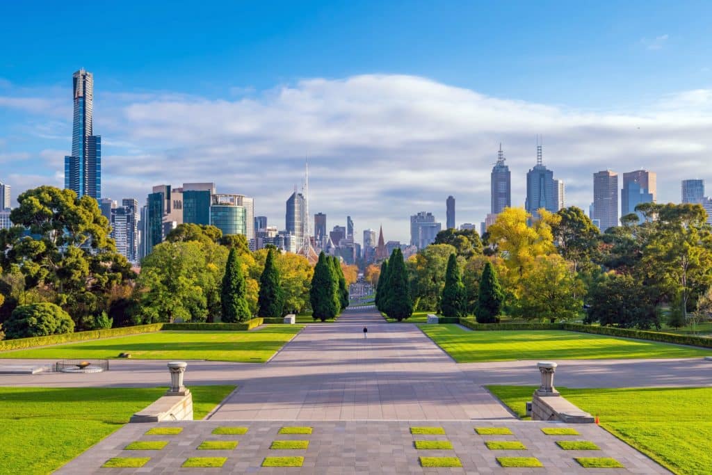 View of Melbourne skyline and trees seen from the Shrine of Remembrance