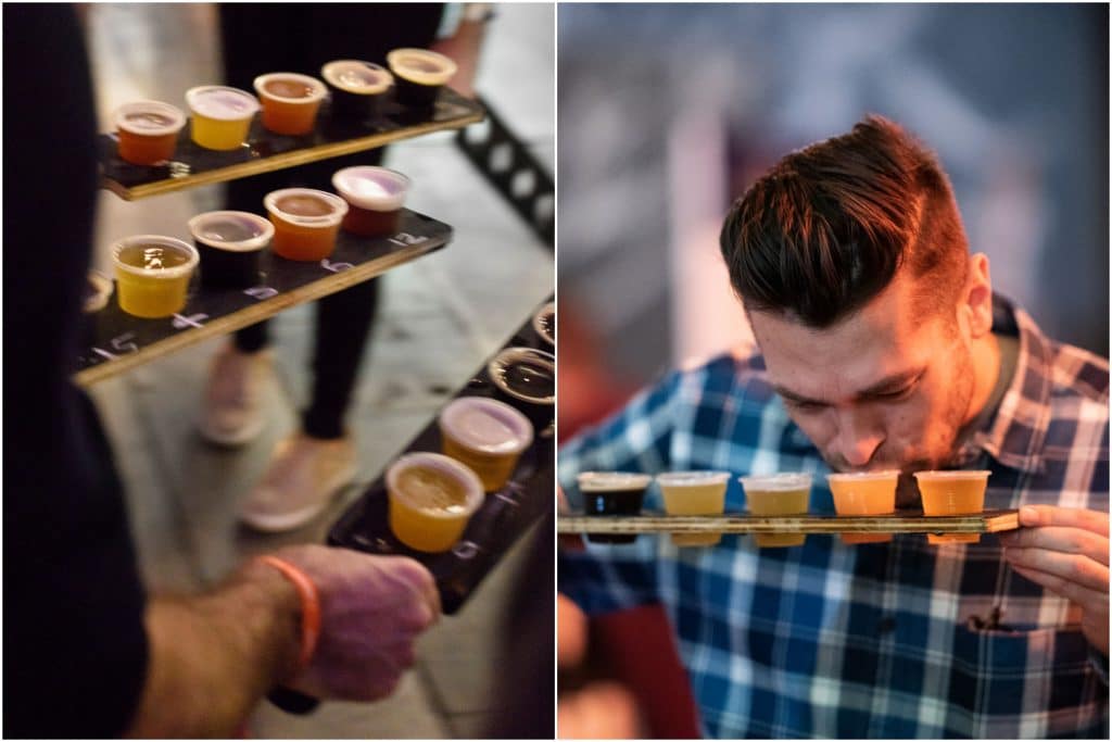 side by side image of tasting paddles and man smelling craft beers on tasting paddle
