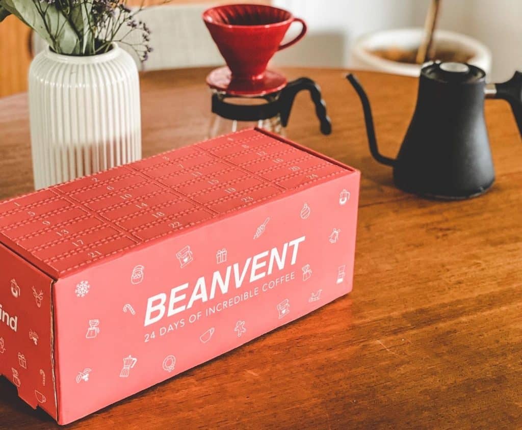 a Beanvent coffee advent calendar in front of filter coffee