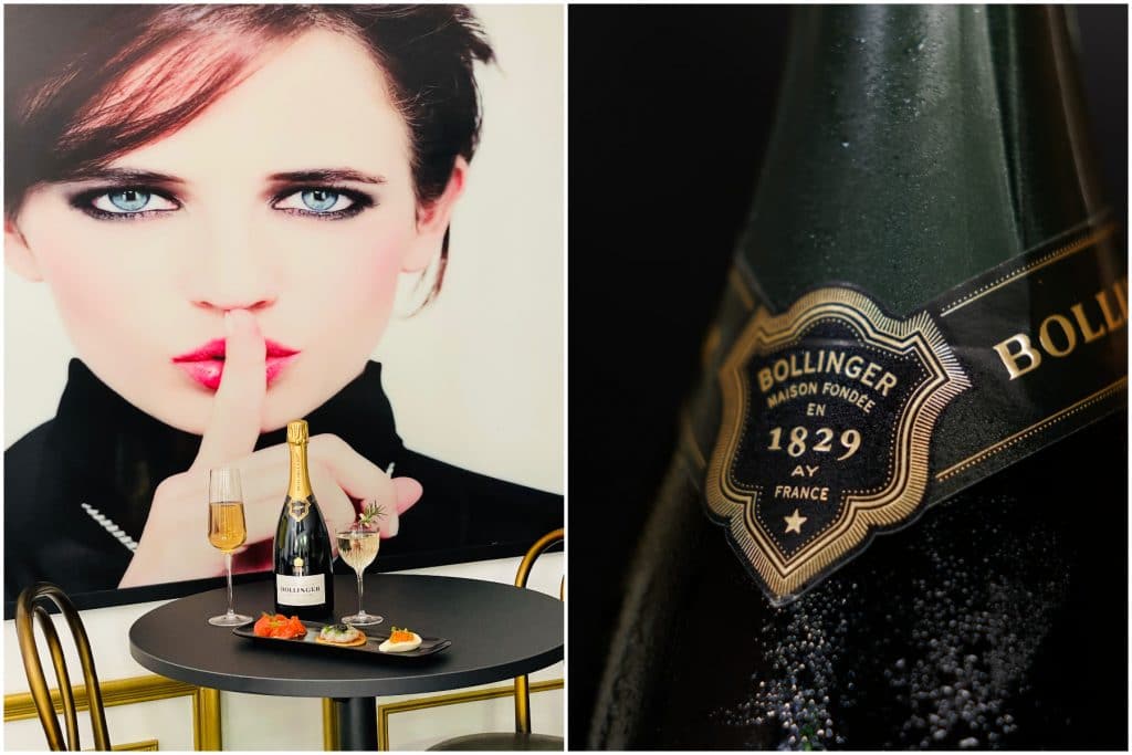 image of table with champagne, vesper martini and canapés next to close up shot of Bollinger