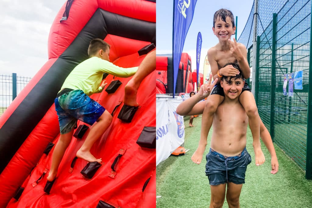 collage of kid climbing an inflatable obstacle course and another image of one kid on the shoulders of a bigger kid at an inflatable fun park in melbourne