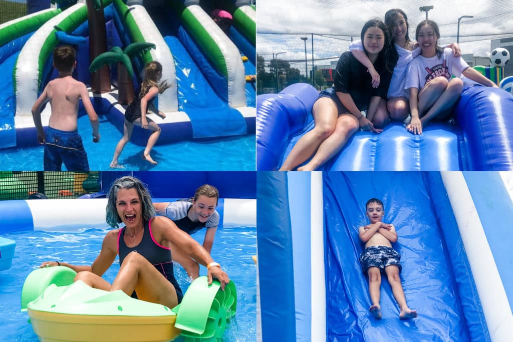 collage of images of inflatable fun park showing people and children playing in splash pools