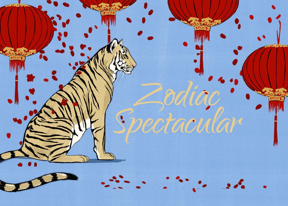 art of a sitting tiger under some red lanterns against a blue backdrop, with the words Zodiac Spectacular in gold