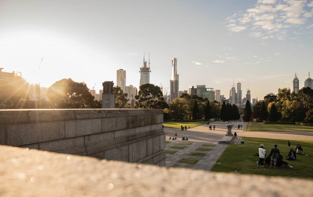 A sunset view of Melbourne from the Shrine of Remembrance, one of the free things to do in Melbourne