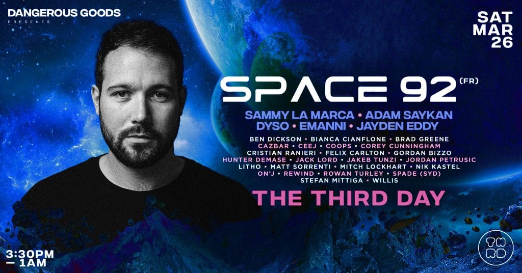 promo poster of Space 92, DJ/Producer, next to list of support acts and space-themed background