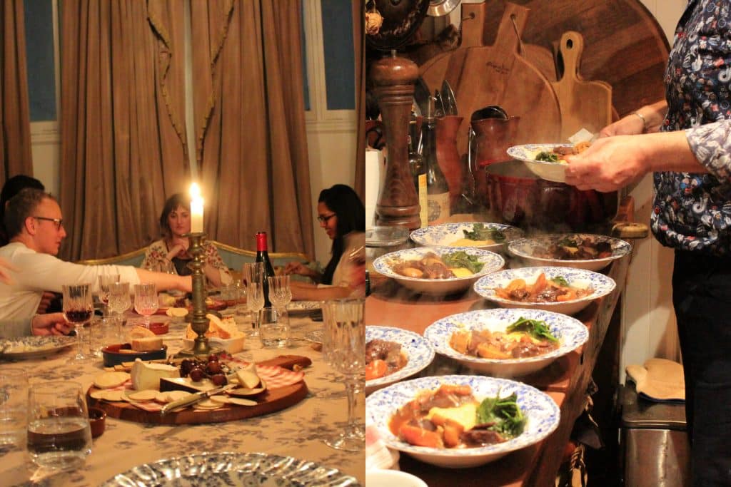 plating of food at apartment 26, and image of people seated at antique candlelit table eating and drinking