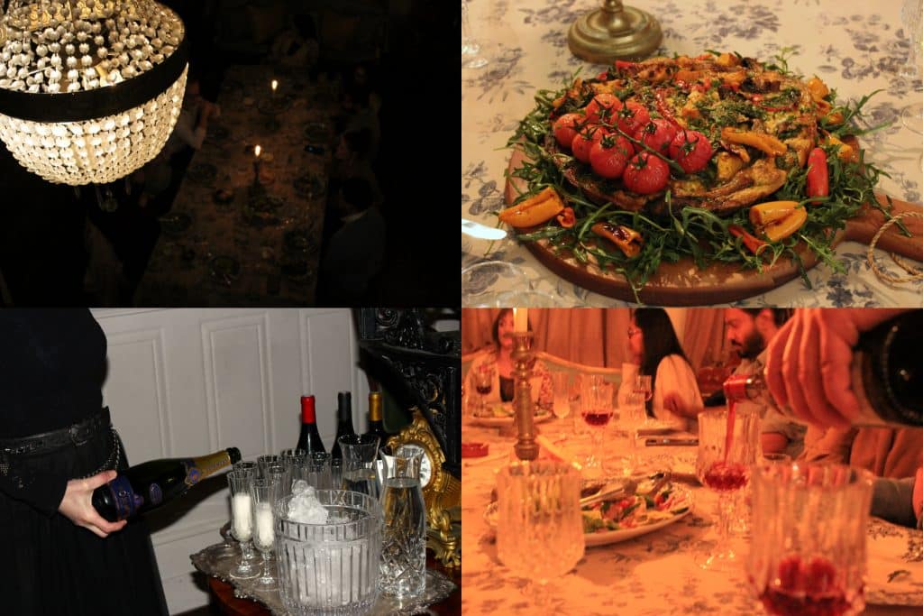 collage of images from apartment 26, food, chandelier, wine and champagne being poured