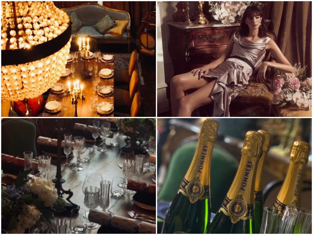 collage of four photos showing chandelier, elegantly set dinner table with candlight, pommery champagne bottles and a woman in fashionable silk dress lounging on an antique chair