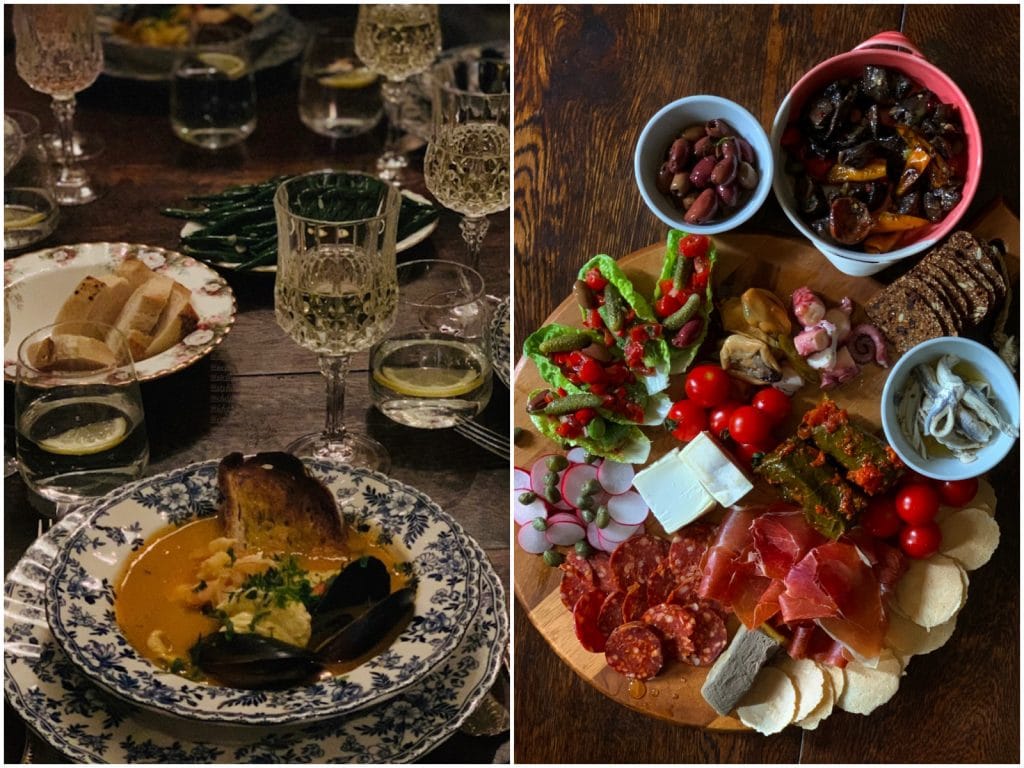 left image of oysters and champagne and right image a cheese and charcuteria board