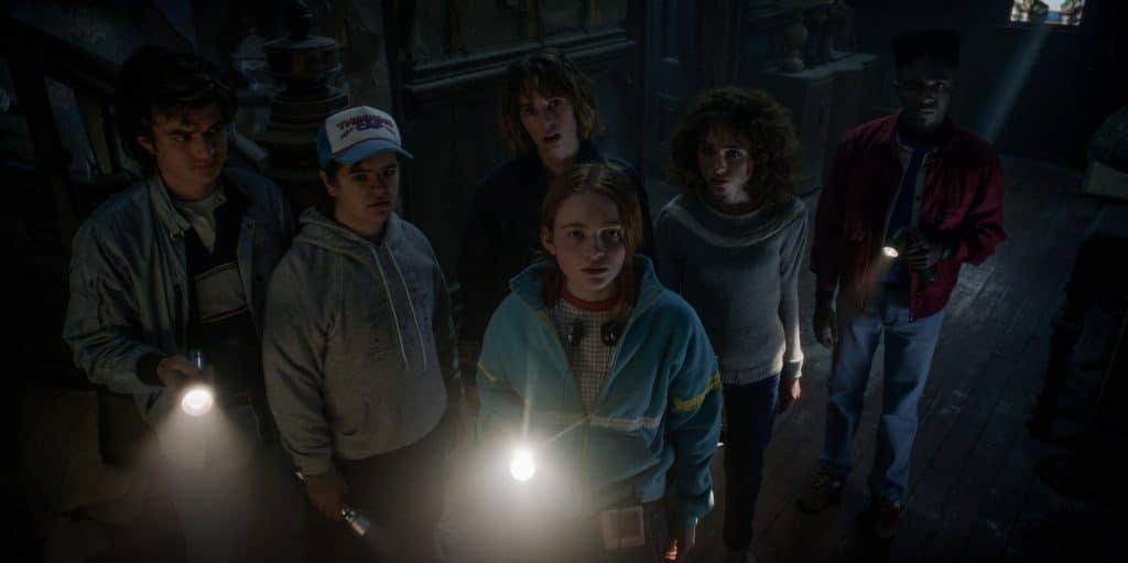 an image of the cast of Stranger Things season four, standing in the dark. Some of them are holding flashlights, and looking at something behind the camera