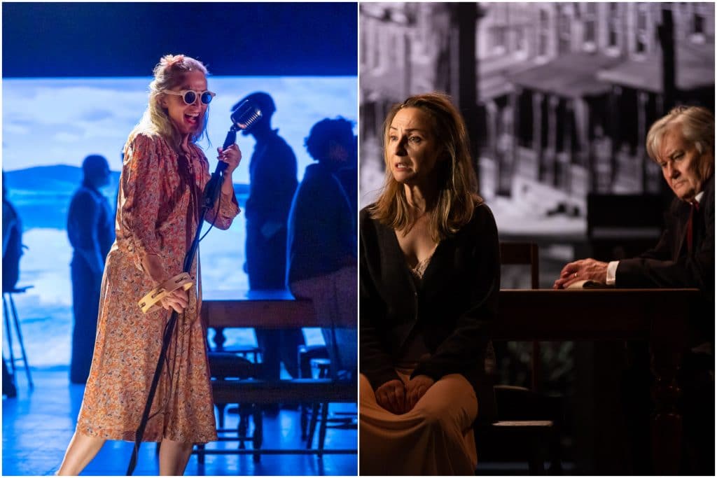 side by side photos of lisa mccune on stage for girl from the north country production
