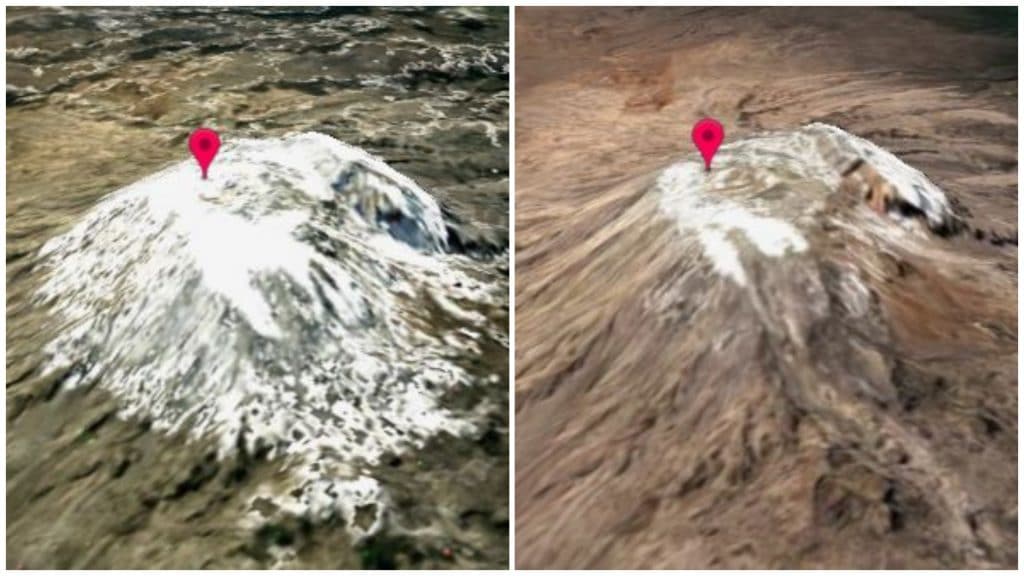 side by side image of climate change effects on snow capped mountain (showing less snow)