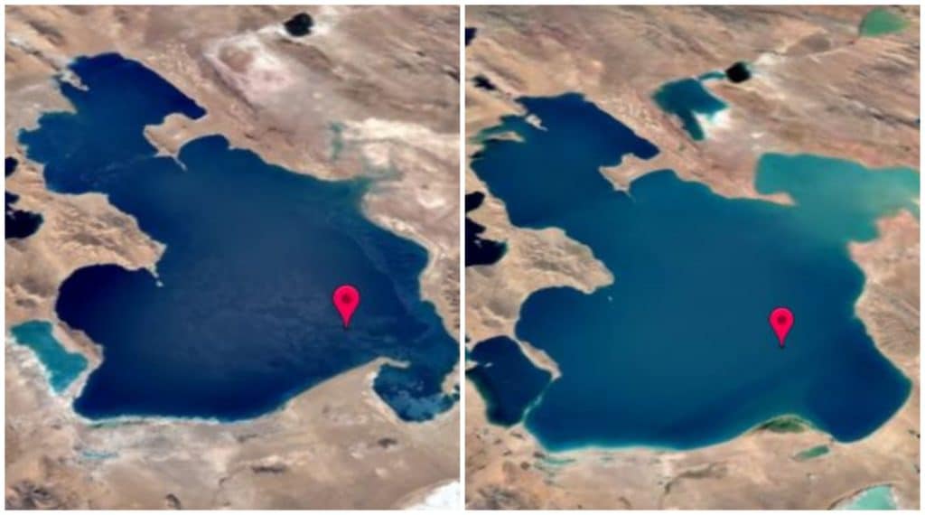 aide by side image of climate change effects, retreating glacier