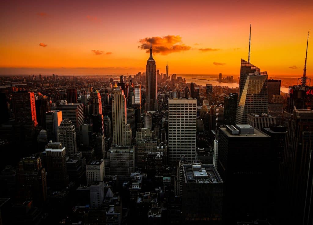 new york city, manhattan skyline at sunset