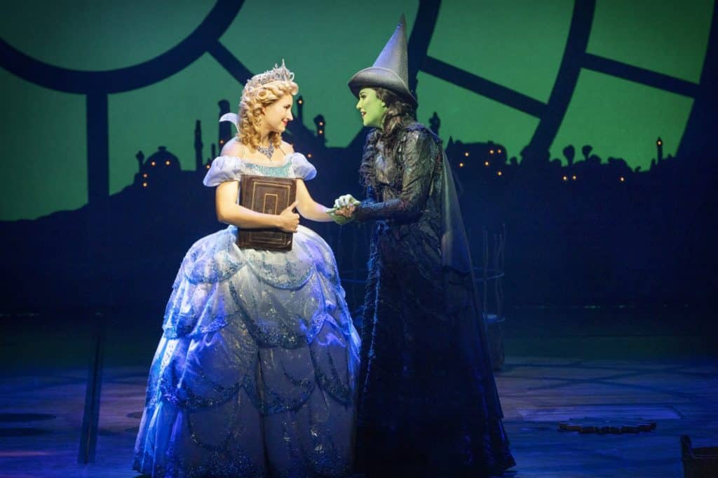 Courtney Monsma (Glinda) and Sheridan Adams (Elphaba) in Wicked the musical