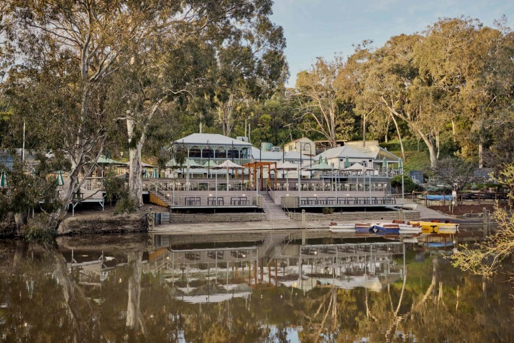 A view of Studley Park Boathouse from across the river