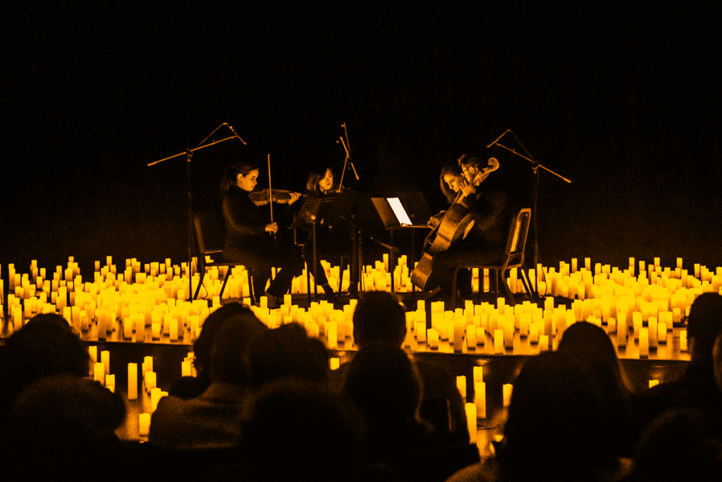 A string quartet performing on a stage surrounded by candles and the silhouette of the audience in the foreground.