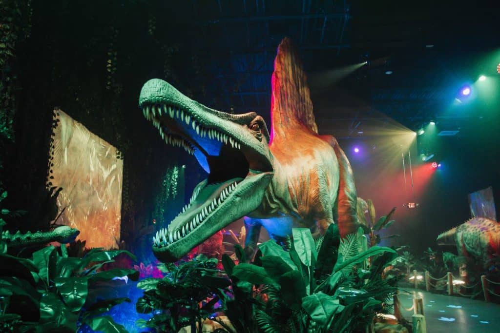 A dinosaur roars at the Dinos Alive experience.