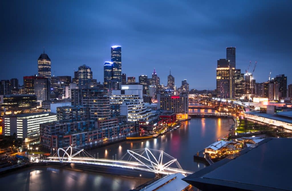 A cloudy night in Melbourne, looking over the Yarra River.