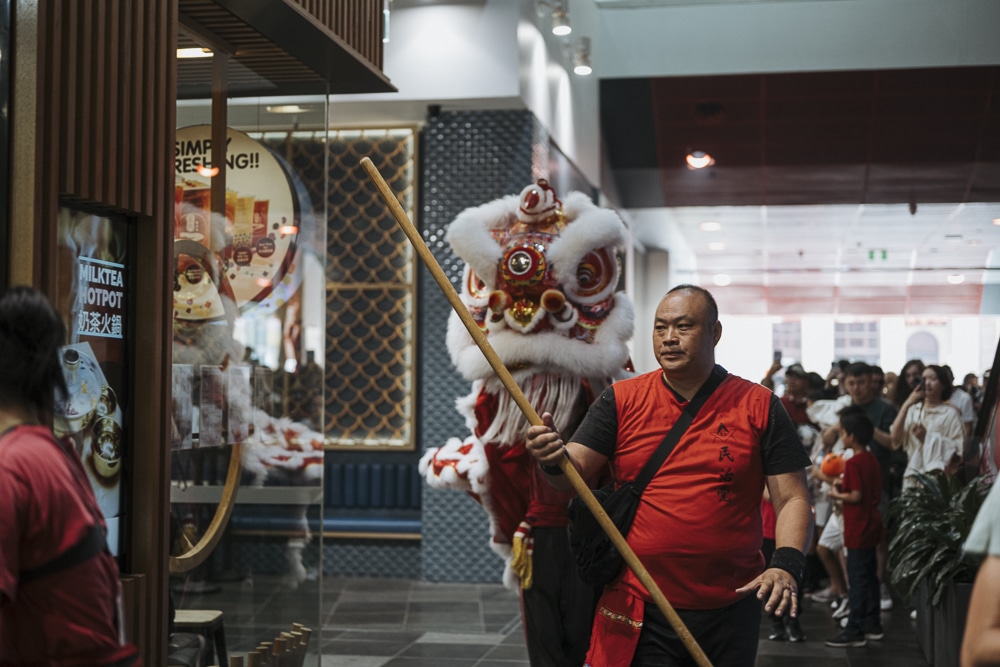 man and lion dancer walking down a shopping centre