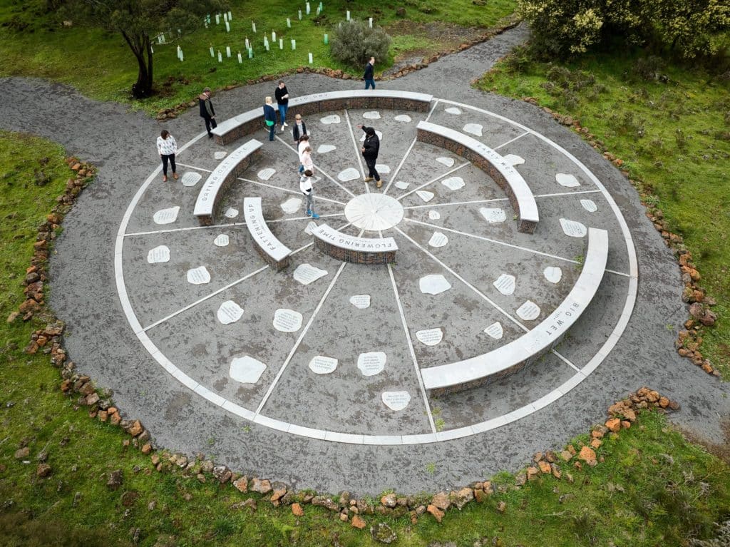 visitors standing within a stone structure that is used as a seasonal calendar 