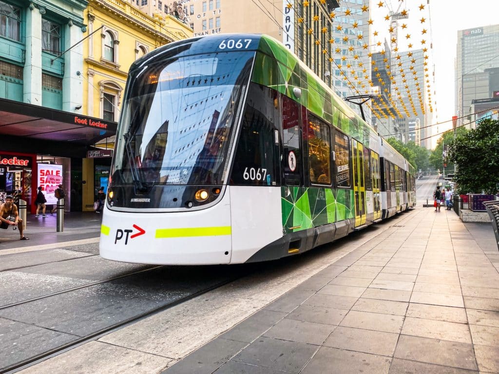 a tram in Melbourne travelling along Bourke Street Mall