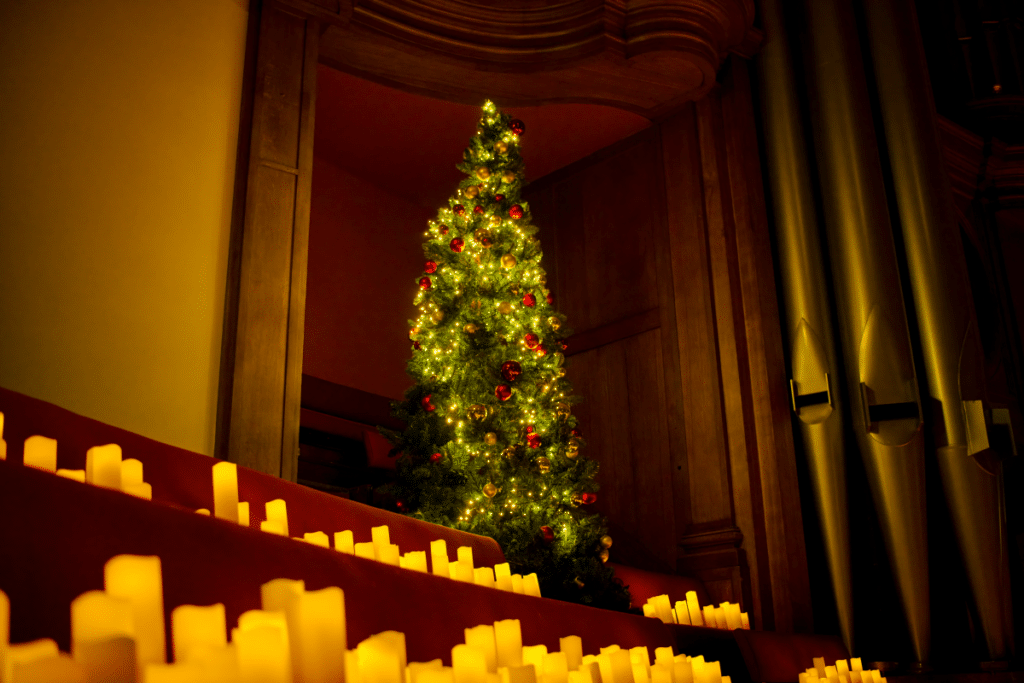 A Christmas tree surrounded by candles for the Candlelight holiday series