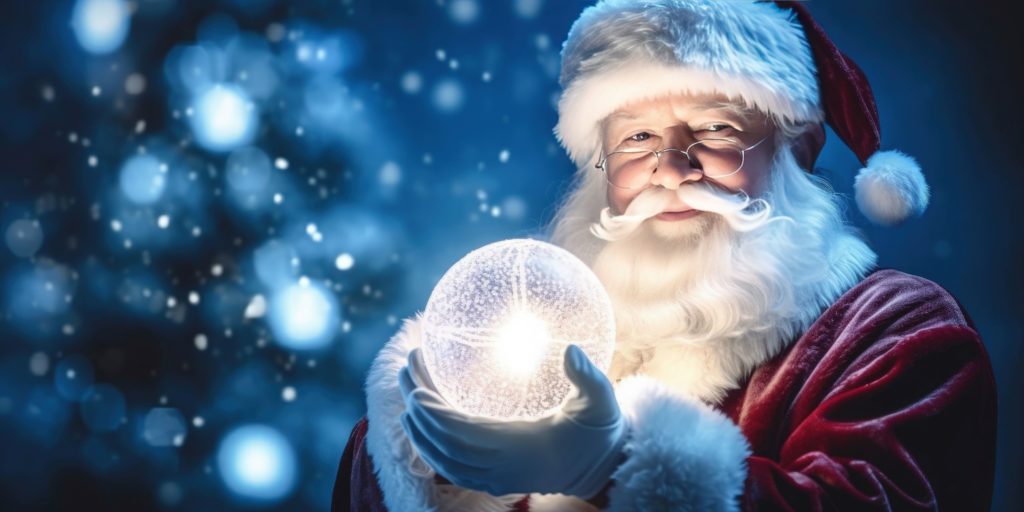 Santa holding a glowing orb, a promotional picture for Christmas Under the Big Top