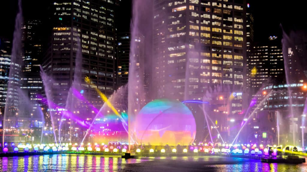 water fountains, lasers and projections on an orb at a river show