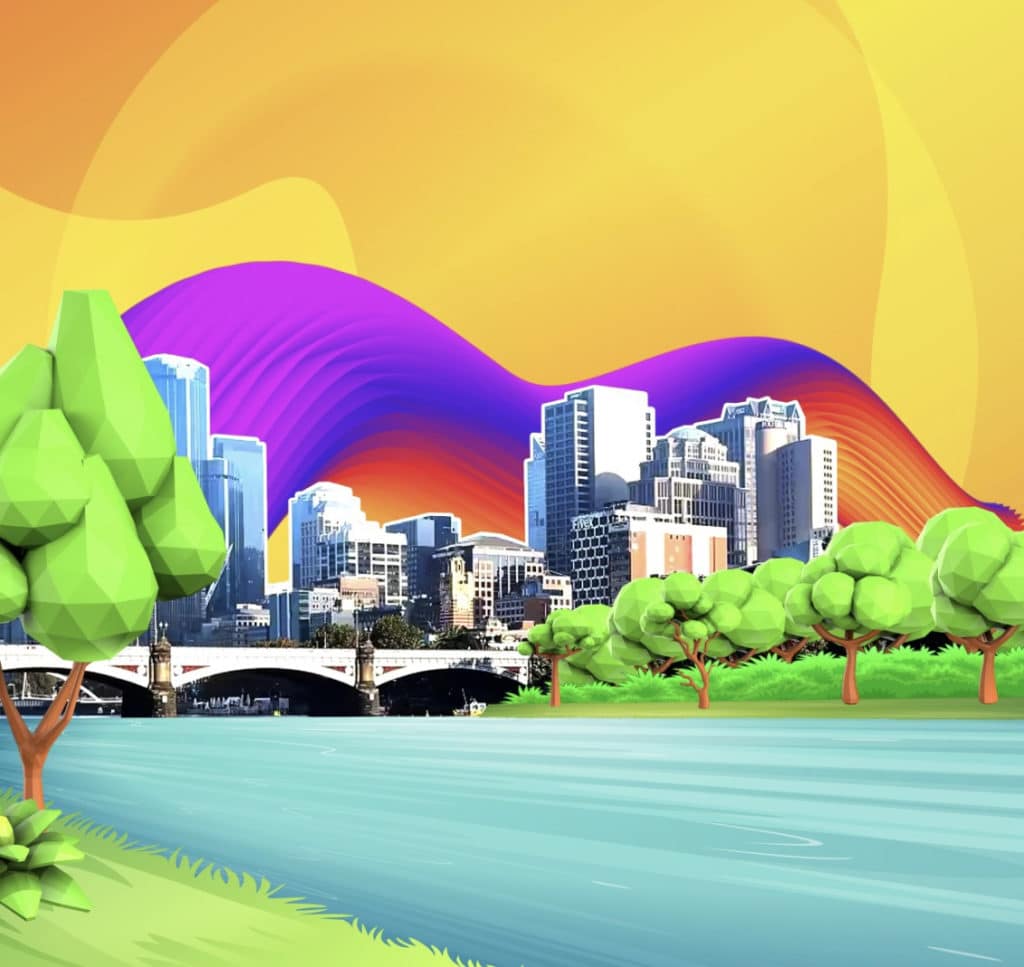 a cartoon graphic of the Yarra River with the Melbourne skyline in the background