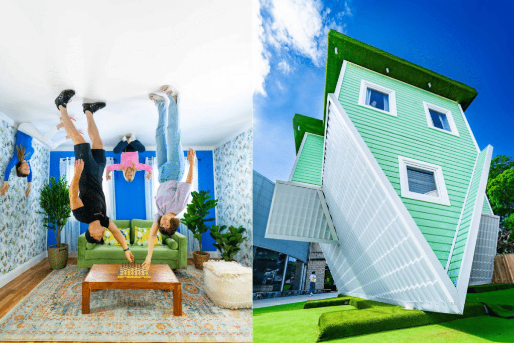 two images from House Down Under, the first is a family standing on the ceiling and posing, and the other is of an upside down house