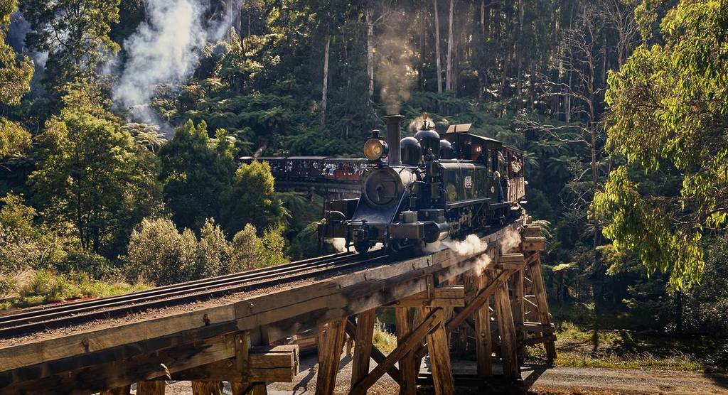 Puffing Billy crossing a bridge, one of the heritage train rides you can experience in Victoria
